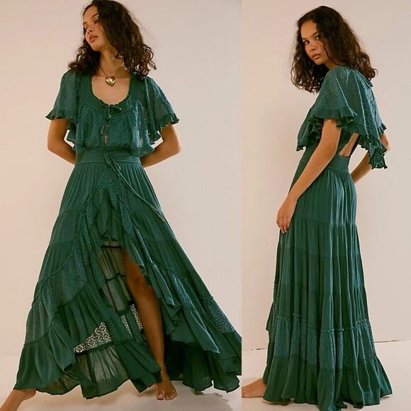 Free People Dresses & Skirts - Free People Dancing On Air Lace Maxi Dress Lace Ruffle Boho High Low XS NWOT